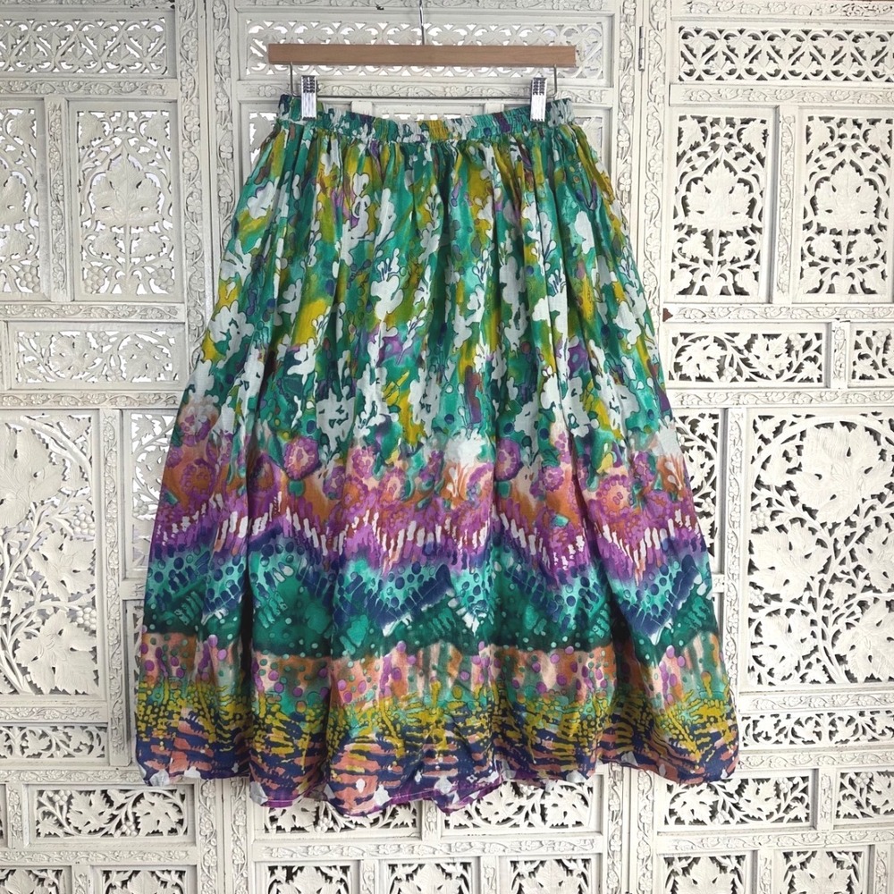 Vtg Colorful Artsy Rainbow Watercolor Flowy Lined Midi Skirt Sz Medium